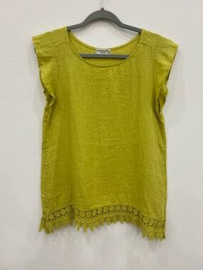 Terzo millennio 100% linen flutter sleeve lace trim blouse top sm beach coastal